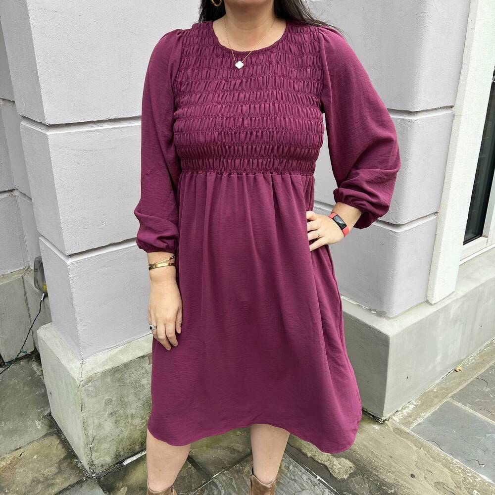 NEW COTTON BLEU smocking detail long sleeve dress in plum